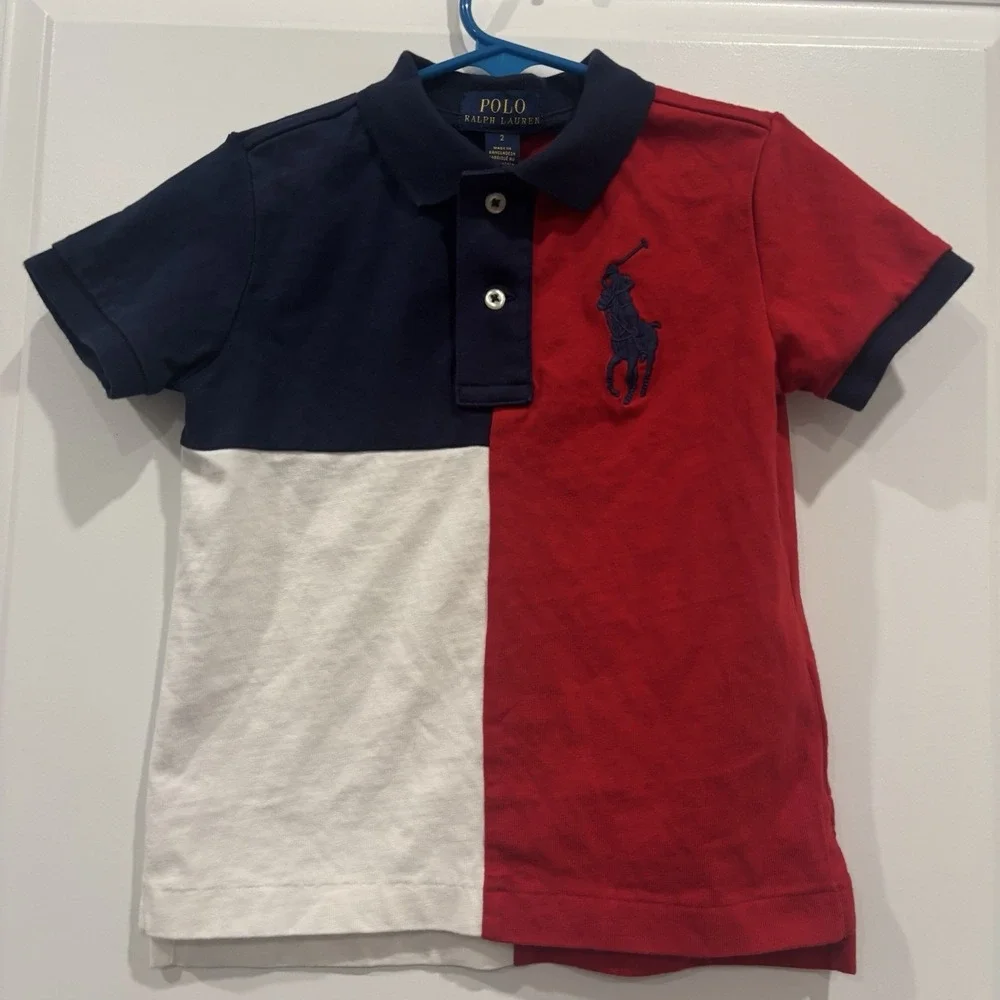 Polo Ralph Lauren Shirt Boys Size 2 Red White Blue  Big Pony Color Block